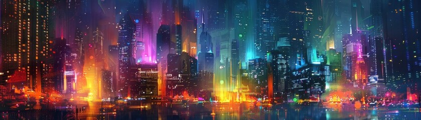 A cityscape with a colorful sky and buildings lit up at night