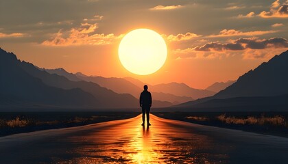 Wall Mural - Solitary figure on a road beneath a vast sunset between majestic mountains, capturing a moment of introspection and peace