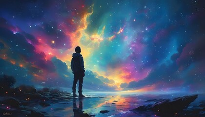 Wall Mural - Silhouette in Awe of a Vibrant Cosmic Landscape Awash with Colorful Nebulae and Stars, Invoking Wonder and Contemplation