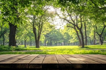 Canvas Print - Wooden Tabletop Overlooking Lush Green Summer Park With Sunlight