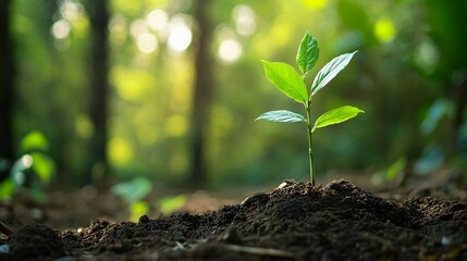 A Single Sapling Emerging from Rich Soil in a Forest