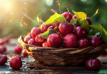 A basket full of red cherries with a few drops of water on them. The cherries are ripe and ready to be eaten