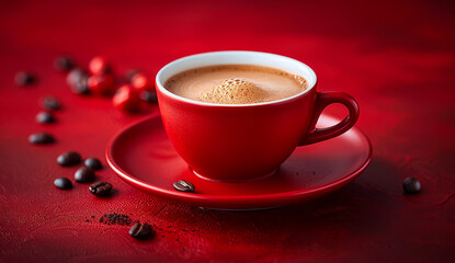 A red coffee cup with a white handle sits on a red plate. The cup is filled with coffee and has a small amount of foam on top. The coffee cup is surrounded by coffee grounds