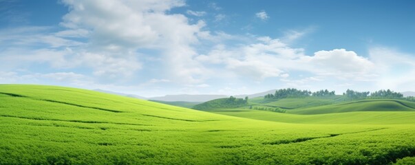 Beautiful natural scenic panorama green field and blue sky with clouds on horizon. Perfect green lawn on sunny day