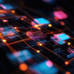 abstract network of glowing lines and squares with data on a black background.