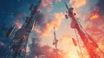 Poster - Communication Towers Against a Starry Sunset Sky