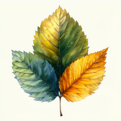 Wall Mural - A leaf with a green stem and a yellow stem. The leaf is on a white background. Watercolor illustration