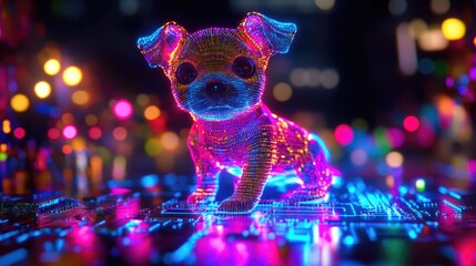 A glowing, digital puppy sits on a circuit board, against a backdrop of colorful lights.