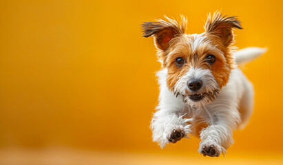 A dog is jumping in the air and looking at the camera. The dog is white and brown