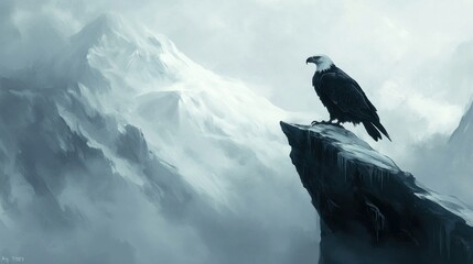 Sticker - A lone bald eagle perched on a cliff overlooking a snow-covered mountain range.