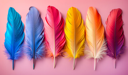 Wall Mural - A row of colorful feathers on a pink background. The feathers are of different colors, including blue, yellow, and red. Concept of vibrancy and diversity