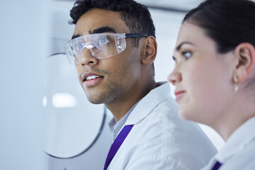 Poster - Collaboration, serious and teamwork in lab, scientist and analysis of medicine for cure, healthcare and storage. Helping, people and man with glasses, chemistry or medical research for mpox in clinic
