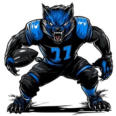 Wall Mural - Blue Werewolf Football Player Mascot with Football, Aggressive and Ready