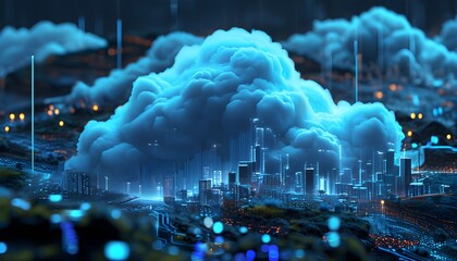 Wall Mural - Futuristic blue cloud with luminous connections symbolizing data storage and network technology in a vibrant digital landscape