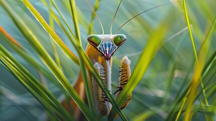 Wall Mural - A praying mantis camouflaged among tall grass, its sharp eyes focused on its surroundings