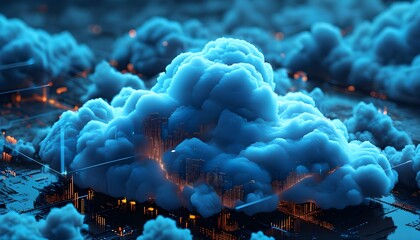 Wall Mural - Futuristic blue cloud with luminous connections symbolizing data storage and network technology in a vibrant digital landscape