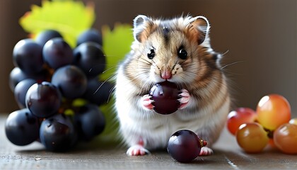 Wall Mural - Playful hamster savoring fresh grapes in a nutrient-rich feast