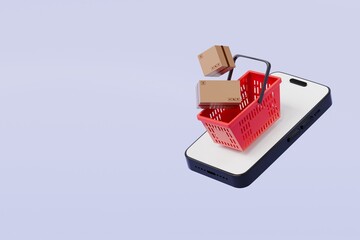 Poster - 3D Shopping basket with mobile phone and cardboard box icon isolated on purple background. Element for Online Shopping, E-Commerce Concept. Minimal Cartoon shopping basket and parcel boxes. 3d render.