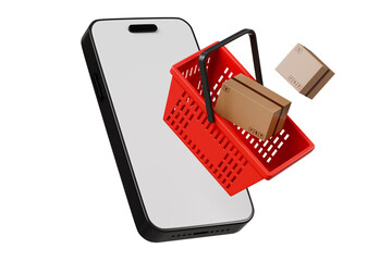 Poster - 3D Shopping basket with mobile phone and cardboard box icon isolated on purple background. Element for Online Shopping, E-Commerce Concept. Minimal Cartoon shopping basket and parcel boxes. 3d render.