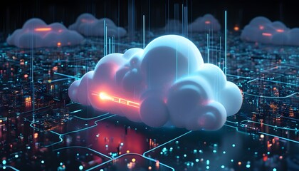 Futuristic cloud icon illuminated by glowing network connections symbolizing technology, data storage, and digital communication