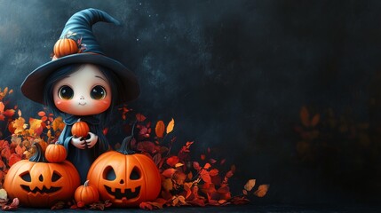 Wall Mural - Adorable Halloween Witches and Pumpkins - Festive Holiday Illustrations