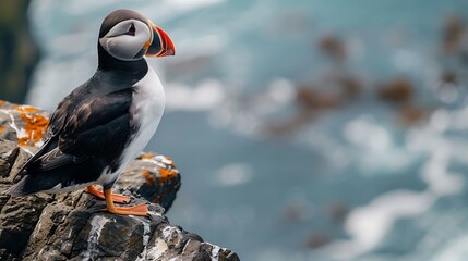 A puffin standing on a rocky cliffside overlooking the sea, its beak bright against the rugged background