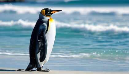 Majestic king penguins on sandy shores beside a shimmering blue ocean