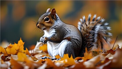 Wall Mural - Eastern grey squirrel perched among vibrant autumn leaves