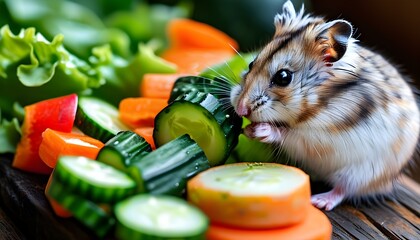 Wall Mural - Hamster Enjoys a Colorful Array of Fresh Vegetables