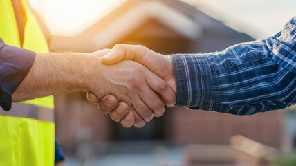 Wall Mural - Two men shake hands in front of a building