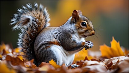 Wall Mural - Eastern grey squirrel perched among vibrant autumn leaves