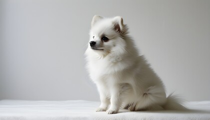 Charming Spitz posing gracefully in a minimalist white studio backdrop