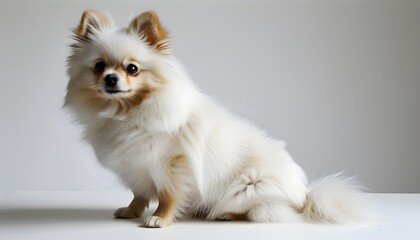 Charming Spitz posing gracefully in a minimalist white studio backdrop