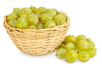 Poster - Green gooseberry in a wicker basket isolated on white background with full depth of field.