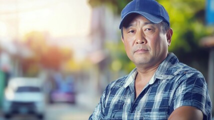 Poster - A man wearing a blue hat and a plaid shirt is sitting on the sidewalk