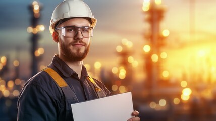 A man wearing a hard hat and safety glasses is holding a piece of paper