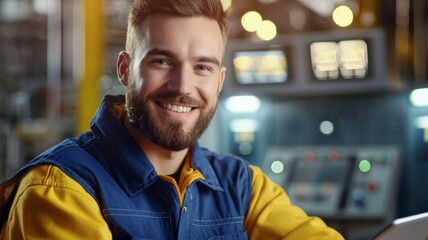 Wall Mural - A man with a beard and a blue vest is smiling