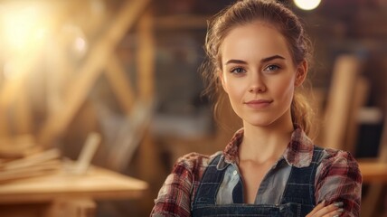 Poster - A woman with a plaid shirt and blue overalls is standing in a workshop