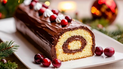 Wall Mural - A large chocolate cake with whipped cream and berries on top