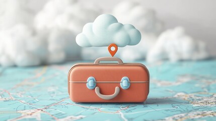 Wall Mural - A miniature suitcase with a cloud and a pin on top sits on a map with clouds in the background, symbolizing travel planning and location tracking.