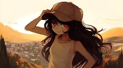 Canvas Print - Anime girl with red eyes and black hair wearing a cap and standing in a city at sunset