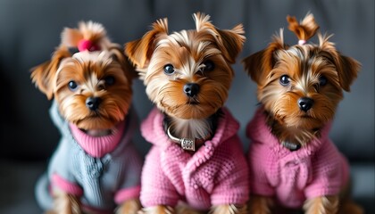 Wall Mural - Adorable Yorkshire Terrier in Stylish Pink Outfit Captured During Playful Photoshoot