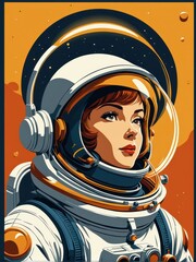 A stylized illustration of a female astronaut in a space helmet, set against a cosmic background.