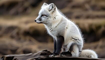 Wall Mural - Adorable Arctic fox cub perched on a log in the stunning landscapes of Iceland