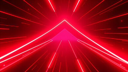 Abstract red neon arrow light glow background. Futuristic cyber laser line motion banner for casino. Dynamic techno perspective beam 3d graphic design. Cool party power and energy boost. Generative AI