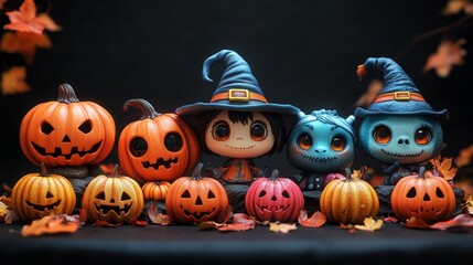 Wall Mural - Adorable Halloween Pumpkin Characters in Witch Hats Surrounded by Autumn Leaves