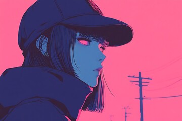 Wall Mural - Neon portrait of an anime girl in a cap. Cyberpunk, vaporwave, futuristic art style.