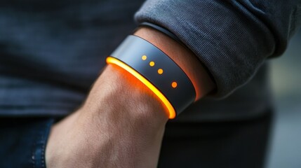 Poster - A Person Wearing a Smartwatch with a Glowing Orange Light