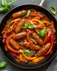 Wall Mural - Italian sausage peppers and onions with tomato sauce sprinkled with fresh basil and parsley, view from above