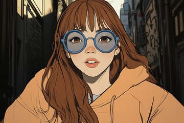 Poster - Anime style girl with long brown hair, blue round glasses, and orange hoodie